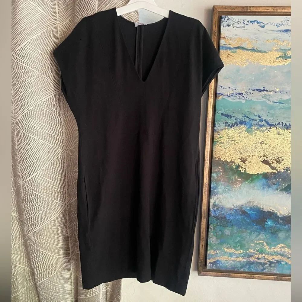 VINCE Mini Dress Womens Sz Small Black V Neck Pockets Cap Sleeves Bodycon